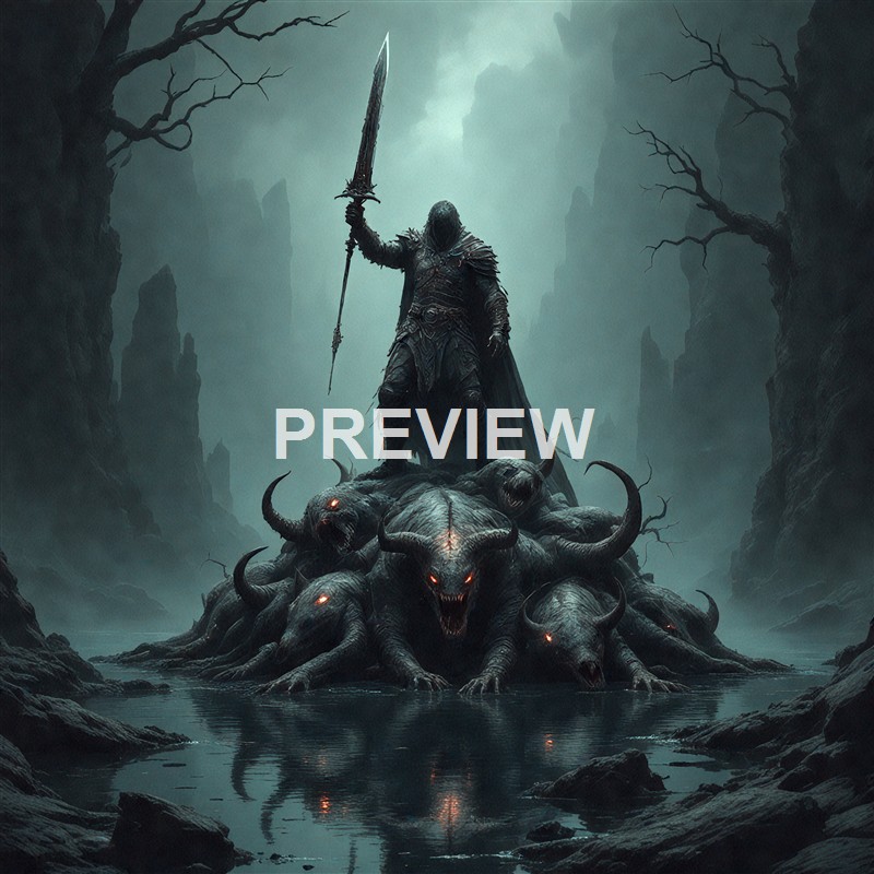 A dark, fantasy scene featuring a hooded warrior standing atop a mound of monstrous, multi-headed beasts with glowing red eyes, surrounded by barren trees and jagged cliffs in a misty, ominous landscape.